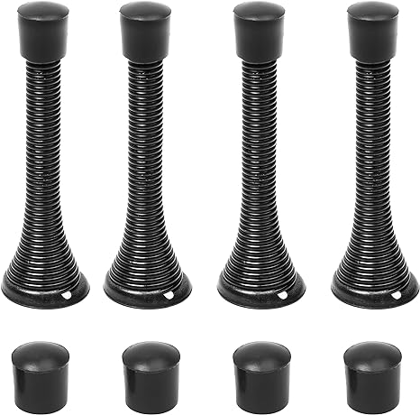 Kare & Kind 4X Spring Door Stoppers (Black) - Screw-in Flexible Steel Stoppers with Black Rubber Bumper Tips - Protect Walls from Bumps, Marks and Damages - Kid and Pet Safe - for Homes, Offices