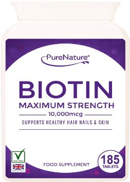 Biotin Hair Growth Stronger and Thicker Hair 185 Tablets Full 6 Month Supply 10000mcg Double Strength Vitamin B7 Easy to Swallow For Hair Loss and Supports the Growth and Maintenance of Healthy Hair Nails and Skin for Women and Men PureNature Rated quotBEST BUYquot as Featured in the Telegraph Health Clinic Magazine-100 Quality Money Back Guarantee-FREE UK DELIVERY