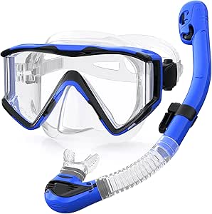 Greatever Snorkel Set Pano 3 Window Snorkel Mask Adult, Panoramic Wide View, Anti-Fog Scuba Diving Mask, Anti-Leak Snorkel Goggles Dry Top Snorkel, Professional Snorkeling Gear for Adults