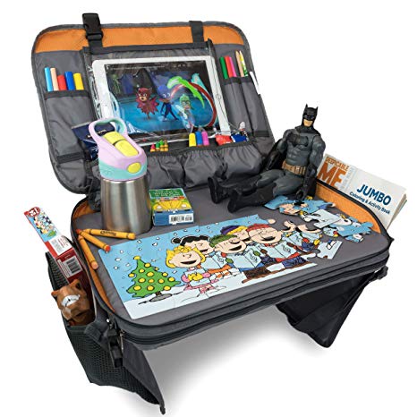 Car Seat Tray - Kids Travel Tray with Sturdy Base for Play & Activity, Tablet Holder and Large Pockets for Storage