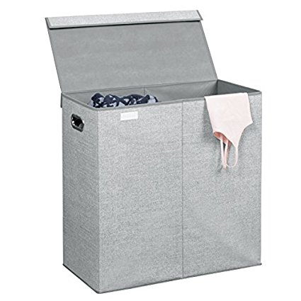 InterDesign Aldo Folding Laundry Clothes Double Hamper/Sorter with Handles and Lid - 2 Bins, Gray