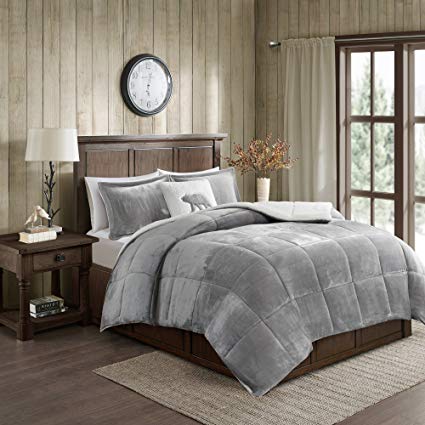 Woolrich Alton Ultra Soft Plush to Sherpa Berber Down Alternative Cold Weather Winter Warm Comforter Set Bedding, Full/Queen, Grey/Ivory