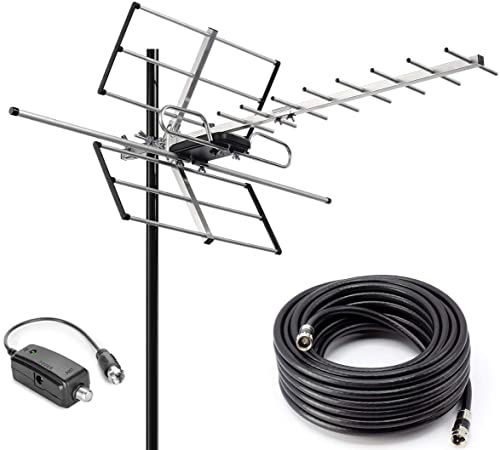 PBD Outdoor Digital Amplified Yagi HDTV Antenna, Built-in High Gain and Low Noise Amplifier, 40FT RG6 Coaxial Cable, 120 Miles Range with UHF and VHF Signal