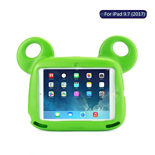 iPad 9.7 inch 2017 / iPad Air 2 / iPad Air Case, TRAVELLOR Kids Shockproof Lightweight Protective Carry Cover with Stand Handle Shoulder Strap, Cute Bear Design (Green)