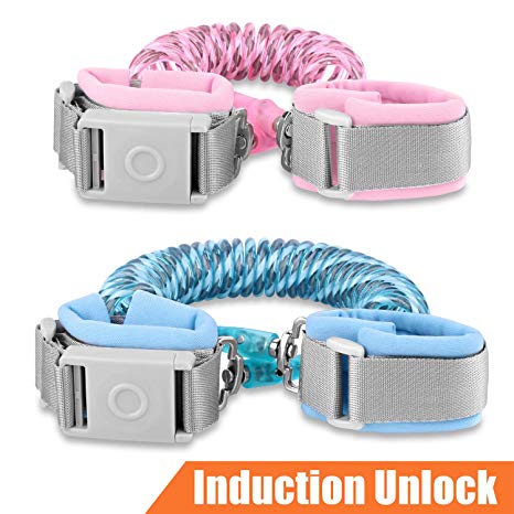 Betertek Anti Lost Wrist Link with Magnetic Induction Lock 2 Pack (4.92ft Pink 8.2ft Blue) Toddler Wrist Leash for Kids Child Safety Harness Baby Proofing Wristband with Reflective Strip