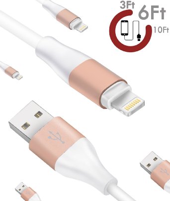 Zeuste 3-Pack 3Ft 6Ft 10Ft Gold Lightning Charging Cable High Speed Data Transfer Sync Charging cord for iPhone 6S 6 5s 5c IPOD TOUCH 5 NANO 7 IPAD MINICompatible with IOS9