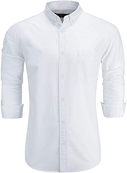 Emiqude Men's Regular Fit Oxford Cotton Long Sleeve Button-Down Solid Dress Shirt
