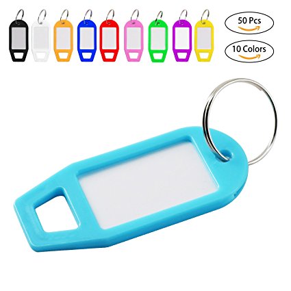 50 Pcs Colorful Plastic Key Tags with Label Window, Id Labels Tags with Split Ring Key Ring Keychain, 10 Colors
