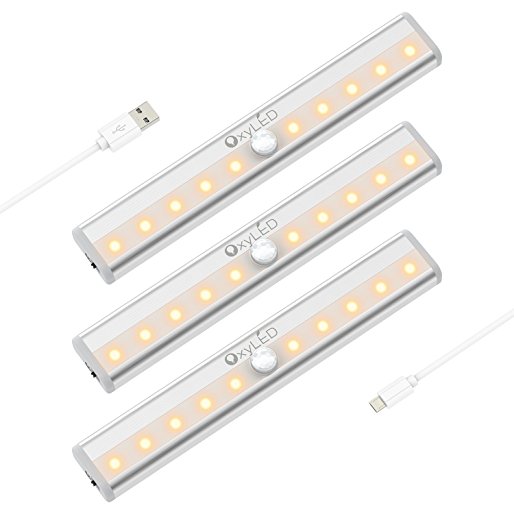 OxyLED USB Rechargeble Motion Sensor Closet Lights Under Cabinet Lightening, Stick-on Cordless 10 LED Night Light Bar, Indoor Step Light Safe Lights for Cabinet Wardrobe Stairs, 3 Pack, Warm White