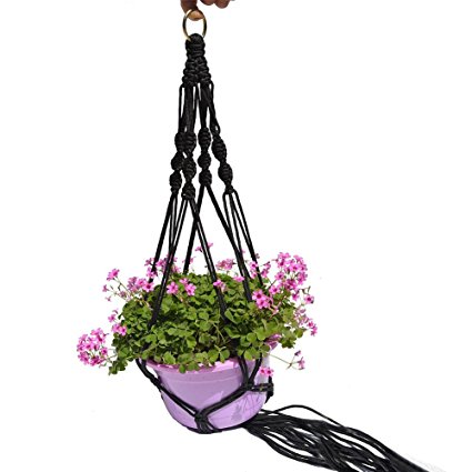 Macrame Plant Hanger with Ring Indoor Outdoor Patio Deck Ceiling Plant Holder for Round and Square Pots 40 Inches 4 Legs DS01(Black)