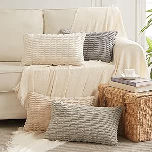 Fancy Homi 4 Packs Neutral Lumbar Decorative Throw Pillow Covers 12x20 Inch for Living Room Couch Bed Sofa, Boho Home Decor, Soft Striped Corduroy Rectangle Accent Beige Cushion Case 30x50 cm