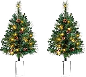 Best Choice Products Set of 2 24.5in Outdoor Scotch Pine Pathway Christmas Trees, Battery Operated Pre-Lit Holiday Décor w/LED Lights