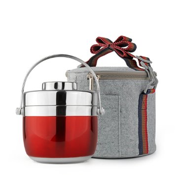 Fatmingo Stainless Steel Thermal Food Container,Insulated Lunch Box 2 Tier with Hand Bags(1.2L Red)