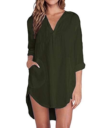 ZANZEA Womens Long Sleeve T Shirt Casual V Neck Tunic Tops Chiffon Blouse with Pocket