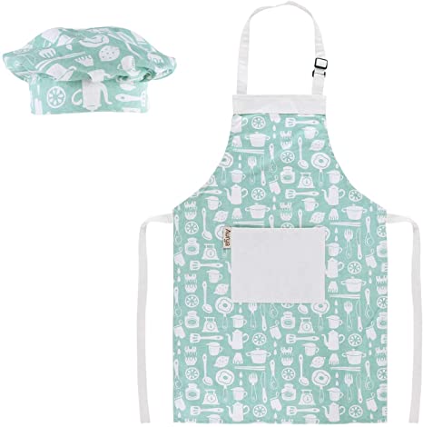 Kids Apron and Chef Hat Set-Adjustable Child Apron for Boys and Girls Aged 6-14,Children’s Kitchen Bib Aprons with Large Pocket for Cooking Baking Painting(Tableware)