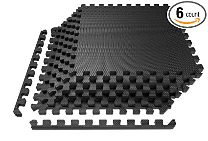 Levoit Lotus Puzzle Exercise Mat, Premium EVA Foam Interlocking Tiles, Protective Flooring for Gym Equipment and Cushions for Workouts, 24 SQ FT (6 tiles, 12 borders), Black