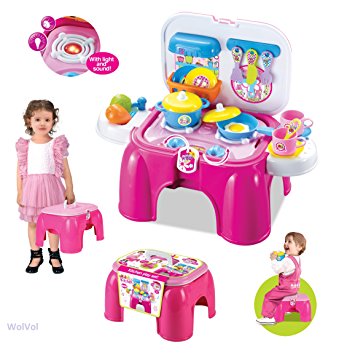 WolVol Electric Take Along Kids Kitchen Cooking Set Toy with Lights & Sounds, Folds into Stepstool (Pink)
