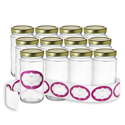 Case of 12 - 12 Ounce Glass Round Jars with Gold Lids and Labels Perfect for Home Canning, Pickling, Gifts, Presentation, Baby Showers, Baby Food Storage, Wedding Favors, Juicing, Housewarming, Pantry