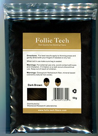 Number One Rated 100% Vegan Hair Building Fibers Hair Loss Treatment All Natural 52 Gram Refill Bag Follic Tech All Organic (Dark Brown)