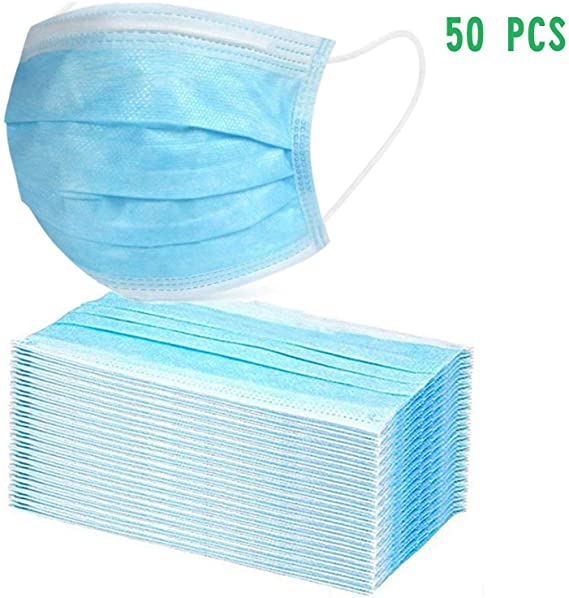 50PCS Disposable 3-Ply with Earloops Protective for Dust,Pollen,Blue