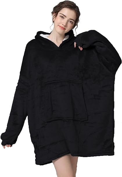 Wearable Blanket Oversized Hoodie Blanket Super Soft & Warm Blanket Sweatshirt for Women, Men, Adults,One Size Fits All （Black）