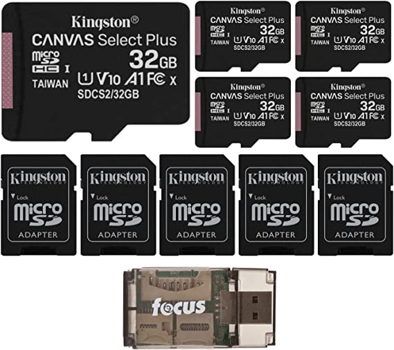 Kingston Canvas Select Plus 32GB UHS-I microSDHC Memory Card with SD Adapter (5-Pack) with Focus All-in-One High Speed USB 2.0 Card Reader (6 Items)