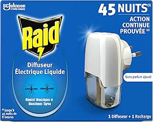 Raid Prise Anti-Moustiques Électrique Liquide Répulsif Moustiques et Moustiques Tigres 45 Nuits - 1 Diffuseur   1 Recharge