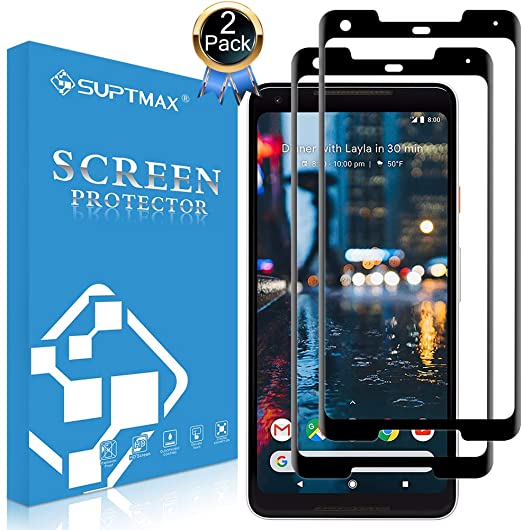 SUPTMAX Google Pixel 2 XL Tempered Glass [Scratch Proof] Pixel 2XL Screen Protector Glass [Bubble Free] Google Pixel 2XL Glass Screen Protector (Pixel 2 XL, Black 2 Guards)