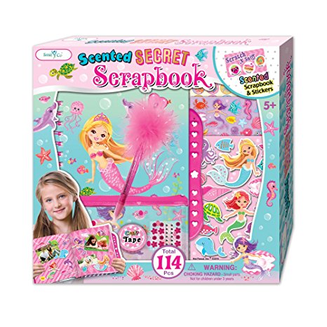 SmitCo LLC Scrapbook For Kids, Craft Kits For Girls In Mermaid Theme, Gift Set Includes Scented Scrapbook Kit With Lock, 3D Stickers, Jewels, Feather Pen, 1 Craft Tape, 1 Pencil Pouch