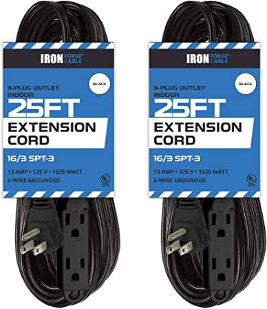 2 Pack of 25 Ft Extension Cords with 3 Electrical Power Outlets - 16/3 Durable Black Extension Cord Pack