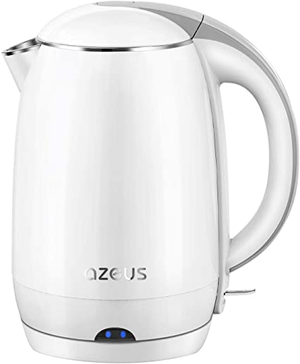 AZEUS Electric Kettle(BPA Free), 1.9 Qt Double Wall Water Kettle with 304 Stainless Steel, 1500W Fast Boiling Cordless Coffee Pot & Tea Kettle, Auto Shut-Off and Boil-Dry Protection, White