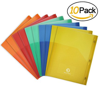 Premium - 2 Deep Pocket Portfolio Plastic Folders with 3 Fastener Hole Clasps and Prongs, Includes Card Slot Assorted Primary Colors for Office or School Projects and Presentations (Pack of 10)