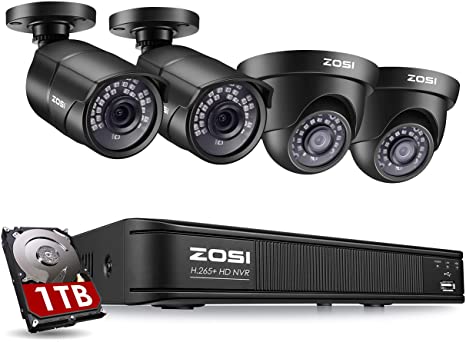 ZOSI 5MP H.265  PoE Security Camera Systems Outdoor Indoor, 5MP 8 Channel PoE NVR Recorder and 4 x 1920P Surveillance CCTV Bullet Dome IP Cameras with Long Night Vision (1TB Hard Drive Built-in)