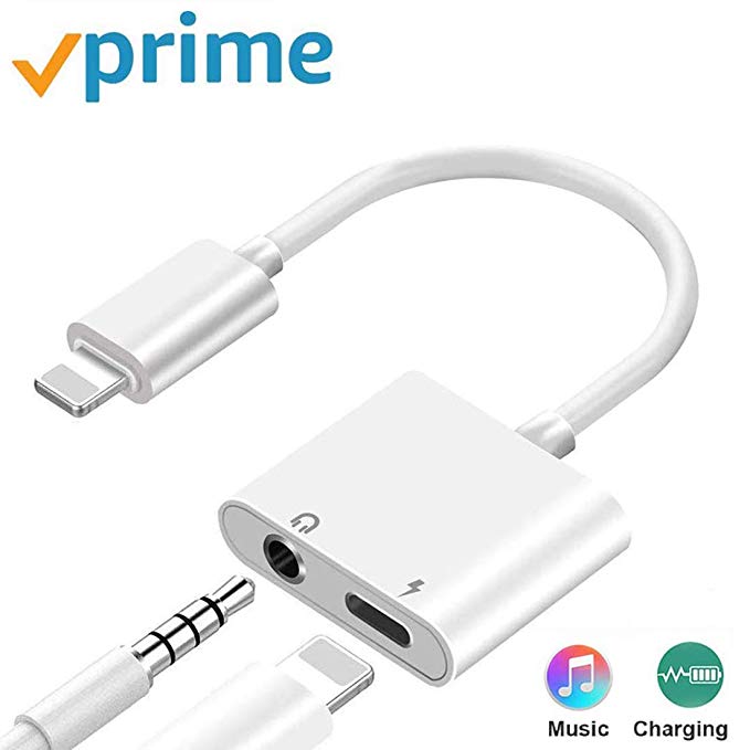 Headphone Adapter 3.5mm Jack Adaptor Charger for iPhone 8/8Plus for iPhone7/7Plus/X/10/Xs/Xs Max 2 in 1 Earphone Audio Connector Music Splitter Cable Accessories, Support All iOS System - White