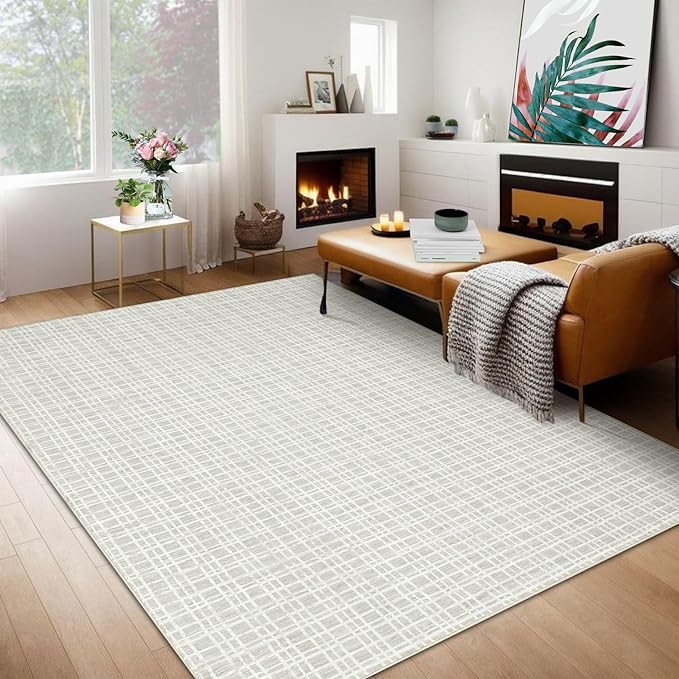 Washable Rugs 9x12 Area Rugs for Living Room Modern Rug for Bedroom Plaid Rug Non Slip Carpet Throw Rugs Large Rug Stain Resistant Office Rug Classroom Rug 9'x12' Light Grey