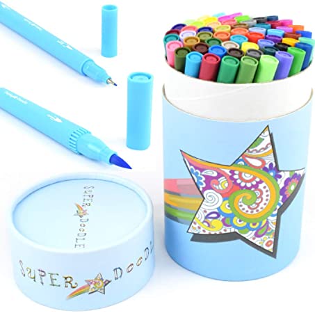 Super Doodle Dual Tip Coloring Markers Fineliner Brush Pens - 60 Color Water-Based Art Marker Pen Set for Bullet Journal, Calligraphy, Lettering, Kids Drawing and Adult Coloring Books