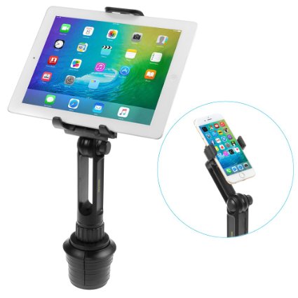 iKross 2-in-1 Tablet and Cellphone Adjustable Swing Extended Cup Mount Holder Car Kit for iPad iPhone Samsung Asus Tablet Smartphone and more
