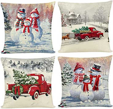 Joyshare Christmas Throw Pillow Covers 18"x 18" Set of 4 Winter Decor Snowman Home Decorations Pillow Covers Case Decorative Holiday Throw Pillows for Sofa, Couch, Bed and Car