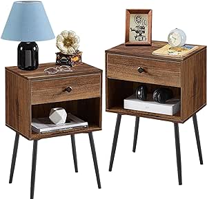 VECELO Nightstands Set of 2 Industrial 2-Tier Night Stand/Side Drawer, Wood Mid Century End Tables for Small Places, Bedrooms, Living Room, Home, Farmhouse, Brown