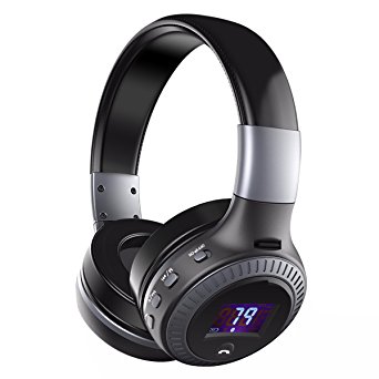 ELEGIANT Wireless Bluetooth Over-ear Headphones with Mic and Wired Mode, HiFi Stereo Foldable Adjustable Headsets with Volume Control, Support TF Card, FM Function, Large LCD Display Black & Grey