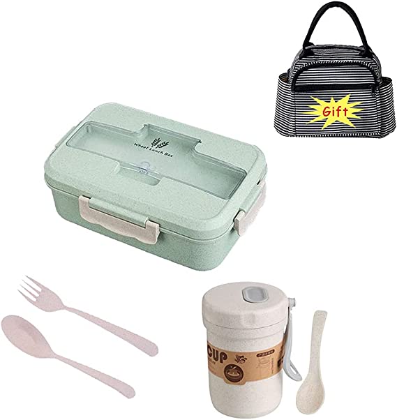 Bento Box Lunch Box Wheat Straw Leakproof Lunch Containers Microwave Safe Lunch Box With Spoon & Fork - Durable, Leak-Proof for On-the-Go Meal, BPA-Free and Food-Safe Materials Gift a Free Cup(Green)