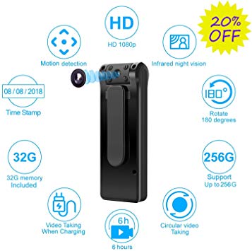 Hidden Camera-Spy Camera - Mini Body Camera 6 Hours Battery Life 32GB Card Included 1080P Spy Camera No WiFi Needed Motion Detection Personal Camera for Home and Office