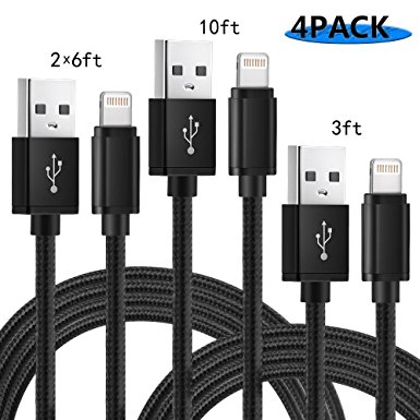 Swait Lightning Cable, 4 Pack iPhone Cable (3FT 6FT 6FT 10FT) Nylon Braided Cord Charging Charger Cable for iPhone X/ 8 Plus/ 8/ 7 Plus/ 7/ 6 Plus/ 6/6s Plus/ 6s/ 5/ 5c/5s/ iPad/ iPod and More (Black)