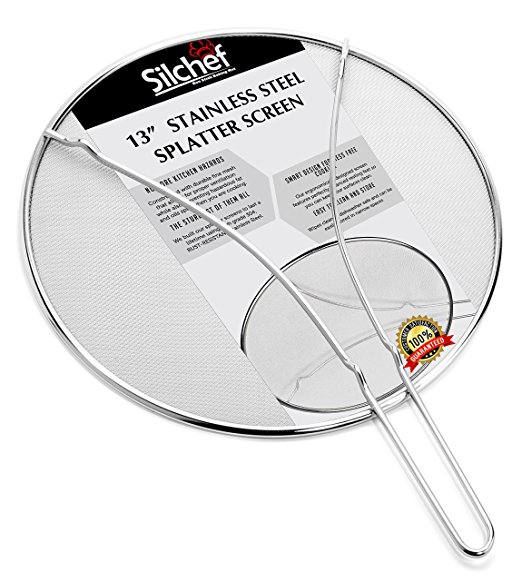 Grease Splatter Screen Guard for Frying Pans - 13" Heavy Duty Non Rust Stainless Steel with Ultra Fine Mesh and Resting Feet