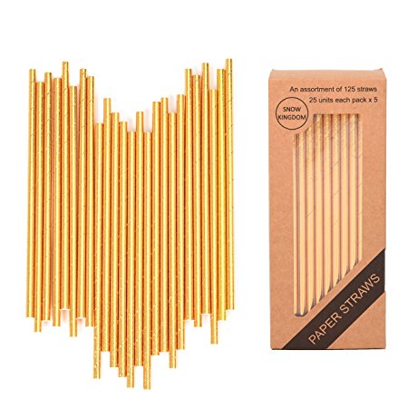 125 PCS Gold Paper Straws Metallic Drinking Decoration Eco friendly Disposable - Boxed 5 Individual Pack of 25 Units Each