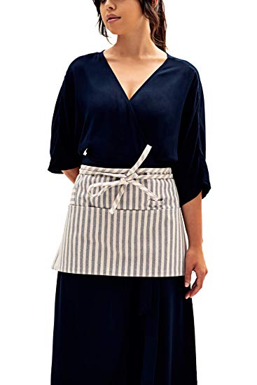 Striped Waist Apron with Pockets & Loops | Eco Friendly Upcycled Cotton and Denim Half Apron | for Women, Men, Restaurant Server, Kitchen Waiter, Cooking Chef, Shop Work, Art Smock, Grill, Adult, Kid