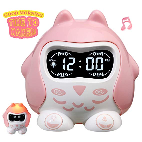 ROCAM Girls Alarm Clock for Bedrooms Kids, Children's Sleep Trainer, Toddler Clock, Plug in Kids Alarm Clock with 7 Color Changing Night Light and Sleep Sounds Machine, Battery Operated and Nap Timer