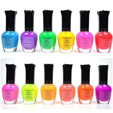 KLEANCOLOR NEON COLORS 12 FULL COLLETION SET NAIL POLISH LACQUER   FREE EARRING by Kleancolor