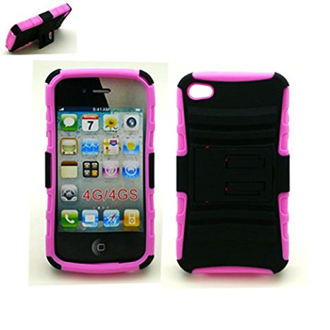 Apple iPhone 4S 4 Shockproof Dustproof Kickstand Case Scratch Resistant Dual Layer PC and Slim Armor Hybrid Inner TPU Hybrid Cover Drop Protection Full Body Armor Protection for iPhone 4S 4 Pink