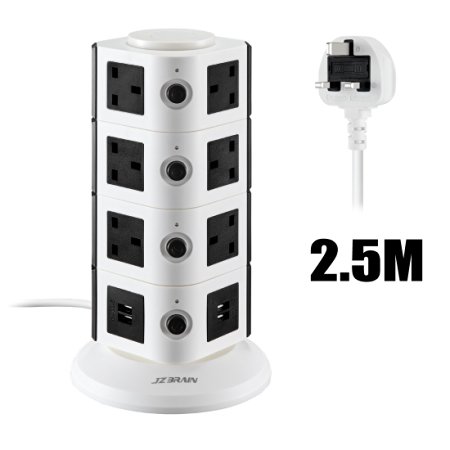Extension Lead Vertical Power Strip with Surge Protector JZBRAIN 2.5M/8.2ft Power Extension Cord 14 Gang UK Outlet with 4 smart USB Ports with Surge Protection and Overload Protection 3000W/13A (White and Black)